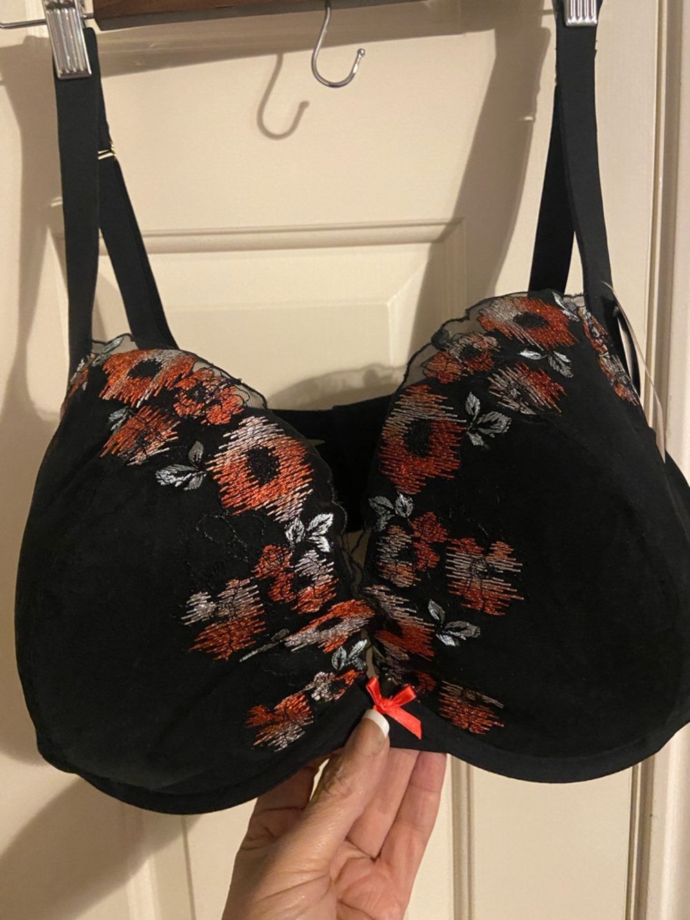 Cacique Black Bra with Orange and Red Floral Embroidery